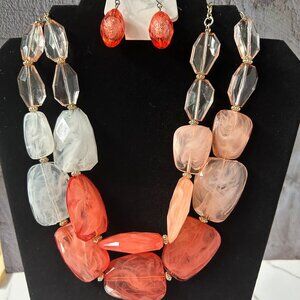 Large Chunky Necklace With Rectangular Coral And Amber Color Acrylic & Earrings